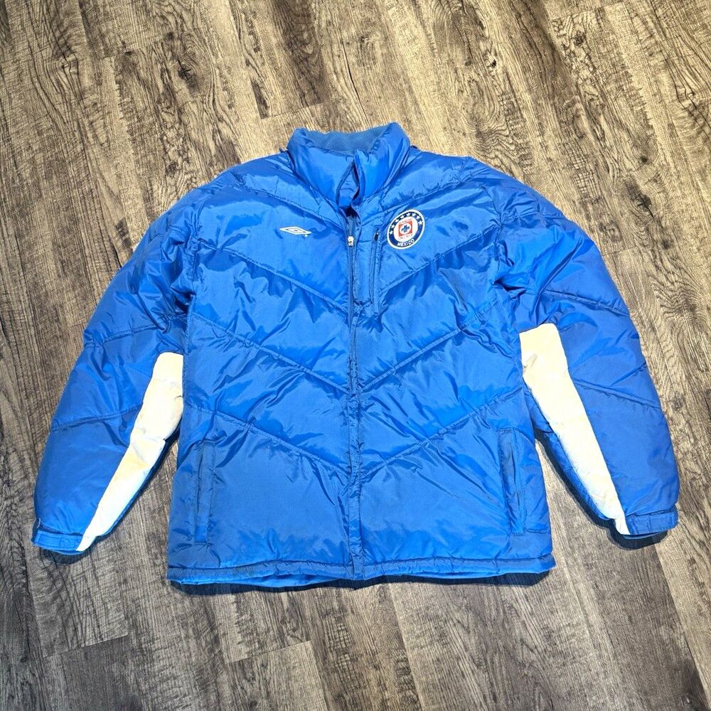 Vintage Umbro Cruz Azul Puffer Jacket Blue Down Fill Mens XL Oversized Liga MX